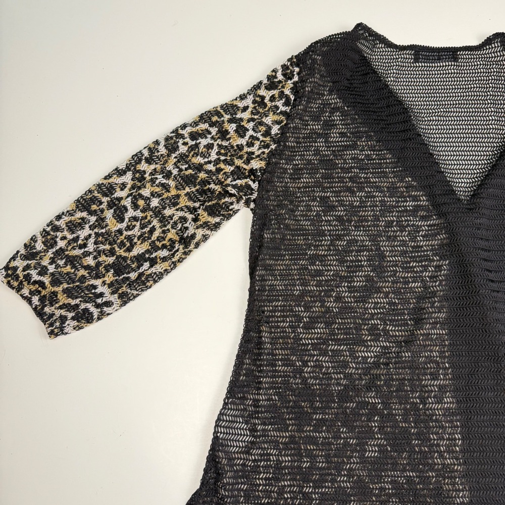 Women Leopard Print Sheer Lightweight Mesh Cardigan Black Pockets Large - Picture 13 of 14
